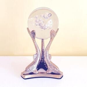 Vtg 80s Brass Dolphin Stand Bubble Glass Paperweight Orb Sphere Tripod